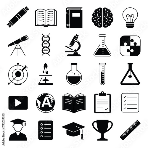 Science education icons vector set learning research laboratory equipment knowledge