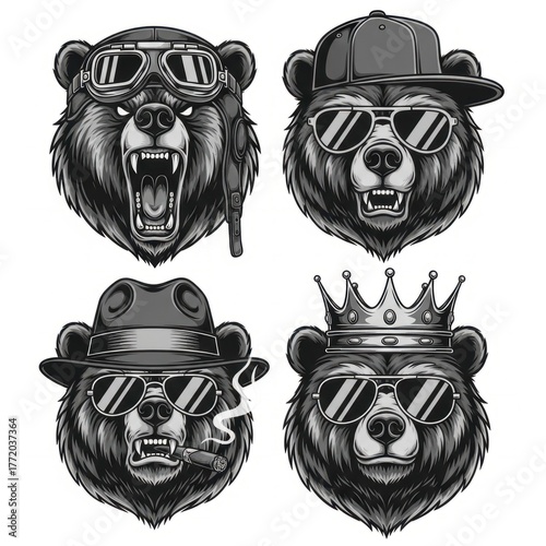 Cool Bear Heads Collection - Aviator, Rapper, Gangster, and King.