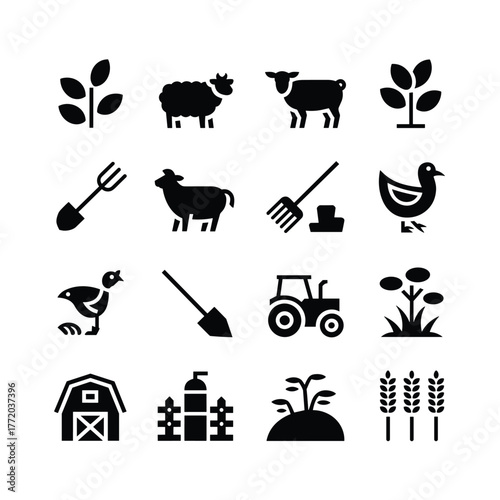 Farm agriculture rural farming livestock crops and equipment vector icon set design