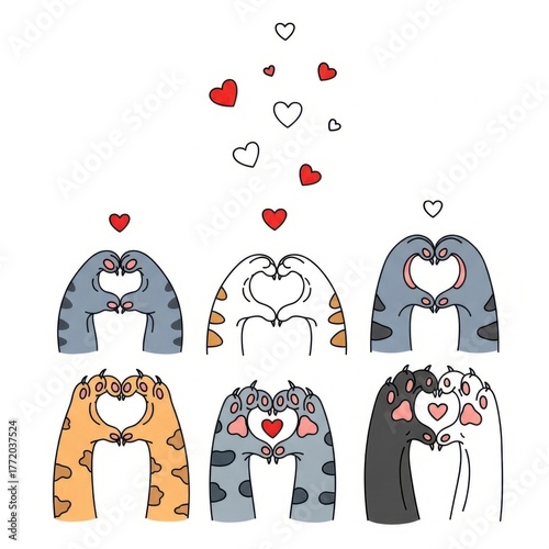 Cute Cats Making Heart Shapes with Paws and Love Hearts.