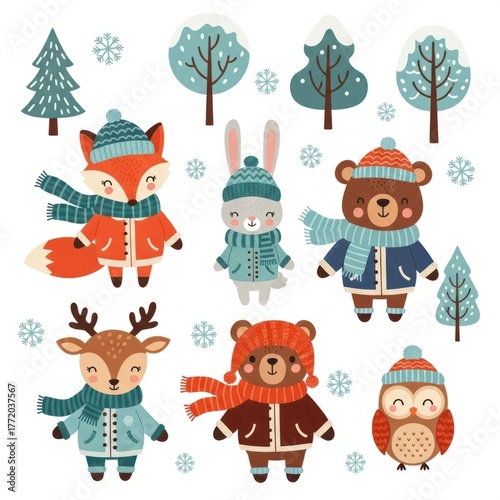 Cute Winter Animals and Trees Illustration for Kids.