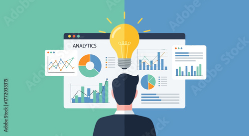 Business Analytics and Innovation Concept – Flat Illustration of Data Visualization and Idea Generation in Modern Style