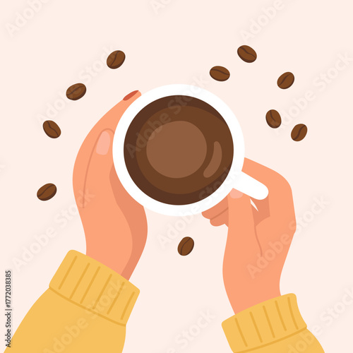 Woman holding cup of coffee with warmth and calm mood, coffee aroma fills cozy morning atmosphere, coffee moment brings comfort, relaxation, and mindful energy for peaceful lifestyle.