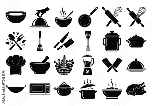 Collection of Black and White Kitchen Utensils and Food Preparation Icons