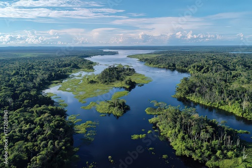Aerial View of Amazon Rainforest River in Brazil with Lush Green Trees Blue Sky and Puffy White Clouds Under Bright Daylight