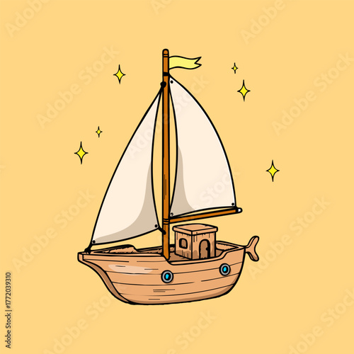 Classic Wooden Sailboat Toy Vector Illustration