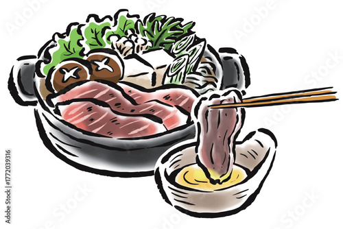 すき焼き　牛肉を箸でつまんで溶き卵につけて食べる　筆タッチ手描きイラスト