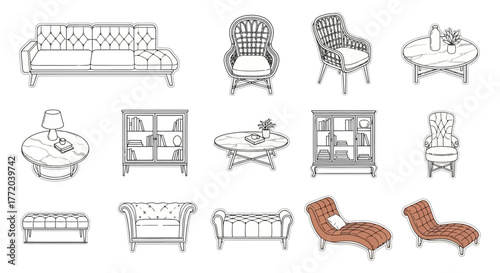 furniture design showcasing living room arrangement with sofa chairs tables and cabinets for interior design inspiration and home decor ideas.