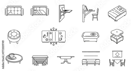 furniture icon set couch bed tables and chairs for interior design symbolizing comfort functionality space saving and minimalist home decor projects