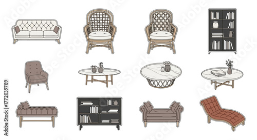 furniture arrangement elegant sofa rattan chair bookshelf and tables illustrating stylish home decor and interior design inspiration for lifestyle blogs