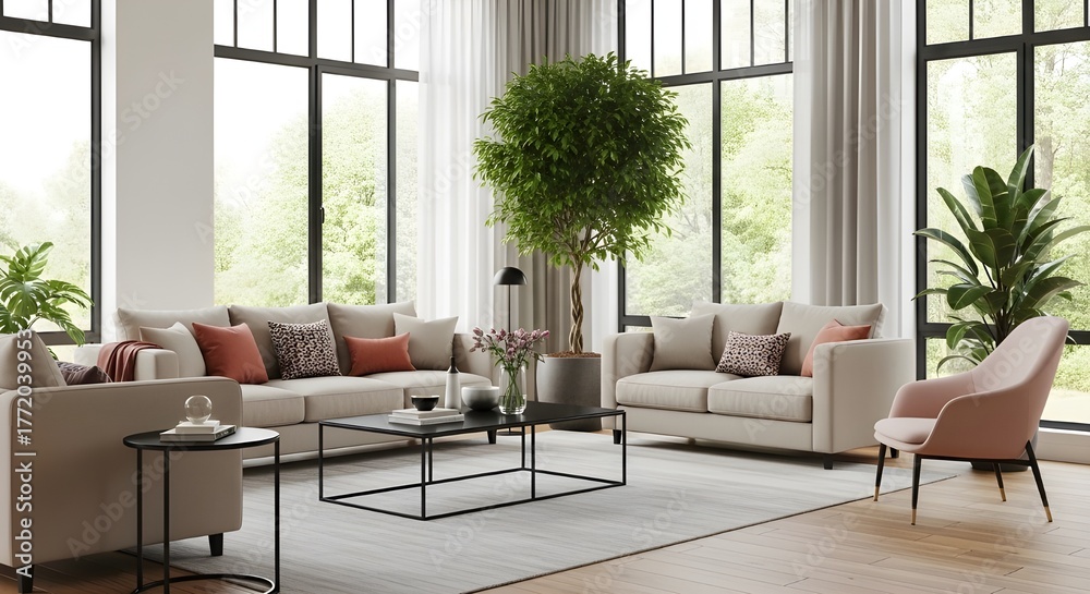 Fototapeta premium Serene living room oasis with plush sofas and abundant natural light