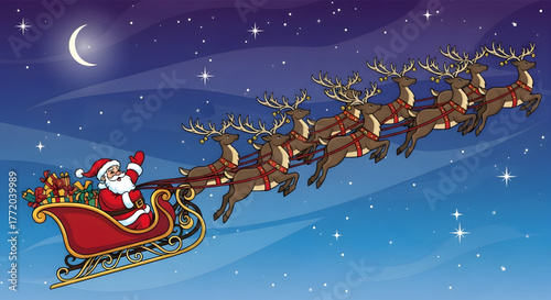 Cartoon Santa Claus waving from his flying sleigh with reindeer.