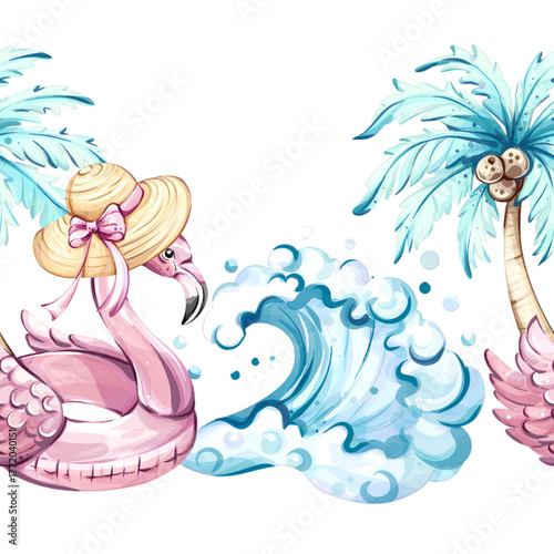 Seamless pattern background wallpaper featuring tropical vibes with pink flamingos, palm trees, ocean waves, and summer holiday arrangements for festive occasions