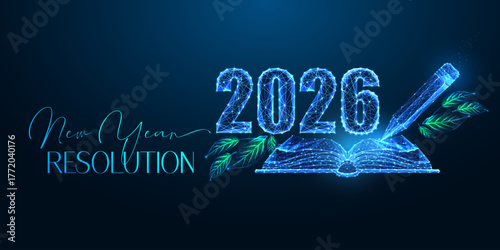 2026 New Year resolution with pencil, open book, green leaves, glowing blue vector illustration