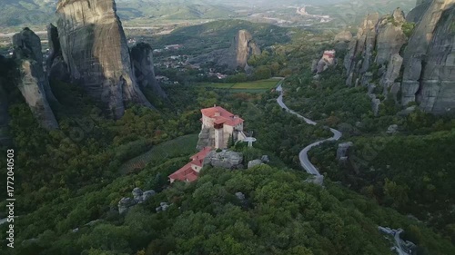 Morning Aerial View of Rousanos Monastery in Meteora, Greece