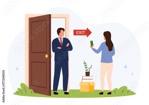 Businessman stands by open door as woman leaves office holding envelope with personal belongings in box, symbolizing job loss and termination isolated vector illustration