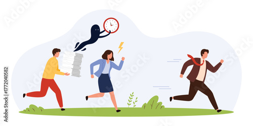 Overworked employees under pressure, chased by angry boss and time, symbolizing burnout, stress, and staff shortage in modern workplace isolated vector illustration