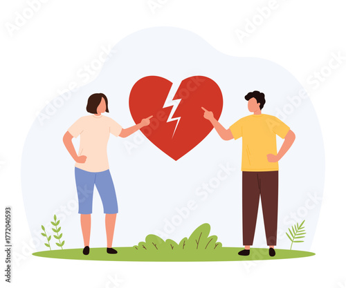 Man and woman stand apart pointing at a large broken heart, expressing conflict, relationship problems, emotional separation, and divorce in a flat isolated vector illustration