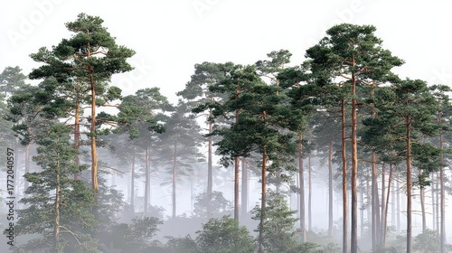 Dense Evergreen Forest Landscape with Misty Atmosphere and Soft Lighting