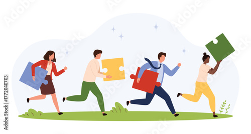 Business people running together holding colorful puzzle pieces symbolizing collaboration, problem solving, and achieving shared goals in a flat style isolated vector illustration