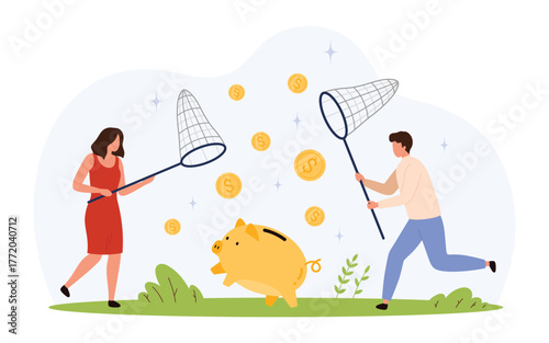 Man and woman using nets to catch flying coins around a piggy bank, representing saving, financial growth, and investment in a modern flat style isolated vector illustration