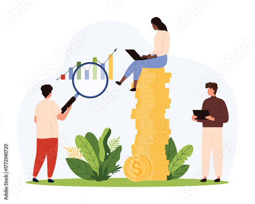 People collaborating with laptops and magnifier, examining bar chart and stacked coins, representing teamwork, investment, and financial achievement in business isolated vector illustration