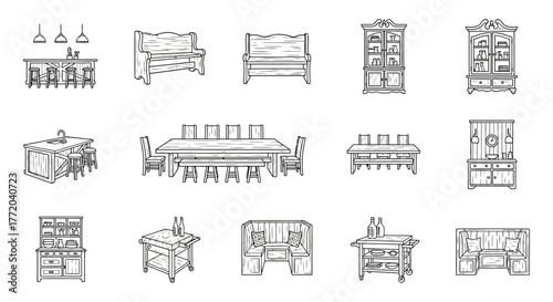 Furniture illustration set rustic tables chairs cabinets and banquettes for farmhouse kitchens and dining rooms offering home decor and interior design ideas.