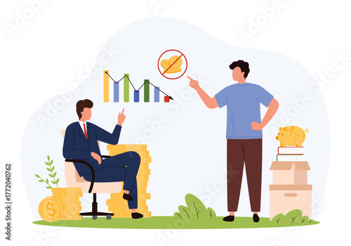 Businessman surrounded by coins faces worker protesting low wages, declining graph, piggy bank, and no money sign highlight workplace exploitation and financial inequality isolated vector illustration