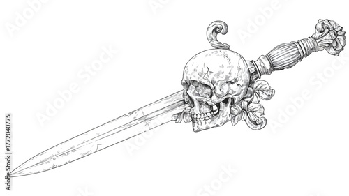 Skull and Sword Vector Illustration in Black and White