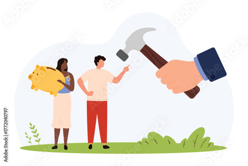 Man and woman with piggy bank confronted by large hand holding hammer symbolizing financial risk, inflation pressure, and economic uncertainty isolated vector illustration