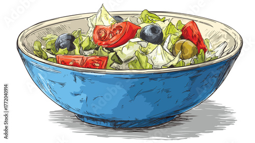 Blue Bowl Salad with Olives and Tomatoes - Fresh and Healthy Food Photography