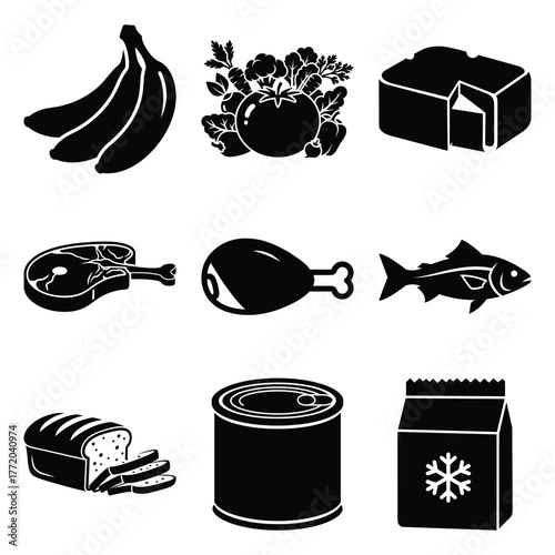Black and white stylized food icons for design project or menu