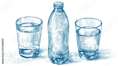 Refreshingly Clear Water Bottle and Glasses with Two Glasses of Water Vector