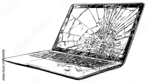 Broken Laptop with Glass Window Vector Illustration