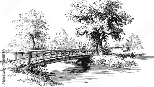 Serene Bridge Over Pond with Trees Vector Illustration