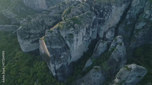 Aerial View of Meteora Rock Formations with Kalambaka and Kastraki