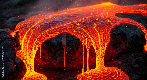 bright molten lava flowing over dark volcanic rock