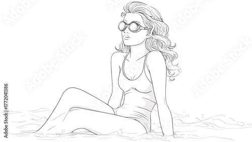 Cute Cartoon Girl in Swimsuit and Goggles Sitting on Towel at the Beach