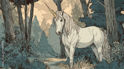 Cute Cartoon Unicorn with Multiple Horns Standing in Enchanted Forest
