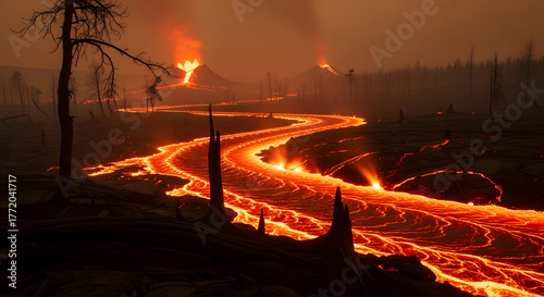 molten lava river flowing from erupting volcanoes at night