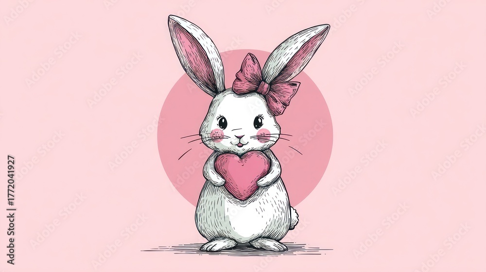 Fototapeta premium A charming, sketched bunny with pink-lined ears, a bow, and rosy cheeks, cradles a heart against a pink circle backdrop. Soft, loving vibes