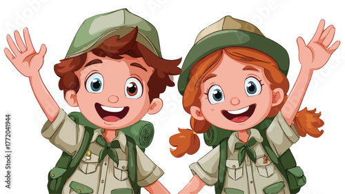 Happy Boy and Girl Scout Characters Enjoying in Uniform