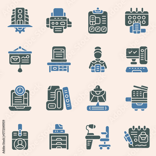Business and office supplies icons representing modern professional work environment and technology, perfect for presentations and digital content