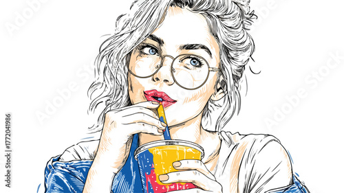 Cheerful Young Woman Enjoying Soda Drink with Colorful Straw