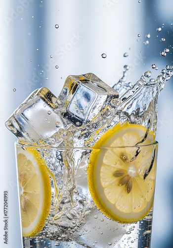 Refreshing citrus beverage with ice cubes and dynamic water splashes for a summer mood