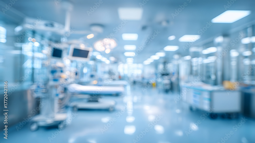 Fototapeta premium Blurred hospital corridor with medical equipment and beds
