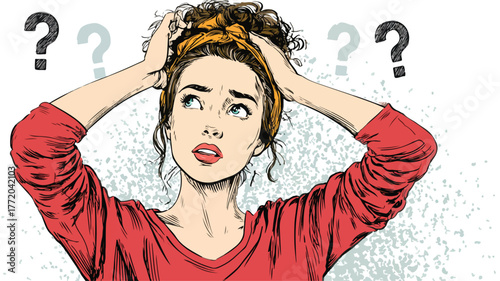 Confused Woman Scratching Head with Question Mark Seeking Solution