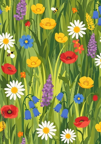 Vibrant floral meadow teeming with life, a whimsical spring illustration
