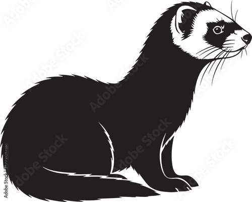 Black and white profile of a curious ferret sitting attentively with whiskers extended and alert ears