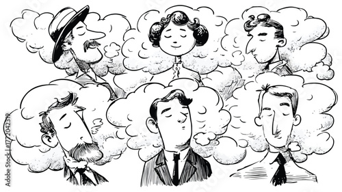 Dreamy People Characters - Heads in Clouds Vector Illustration